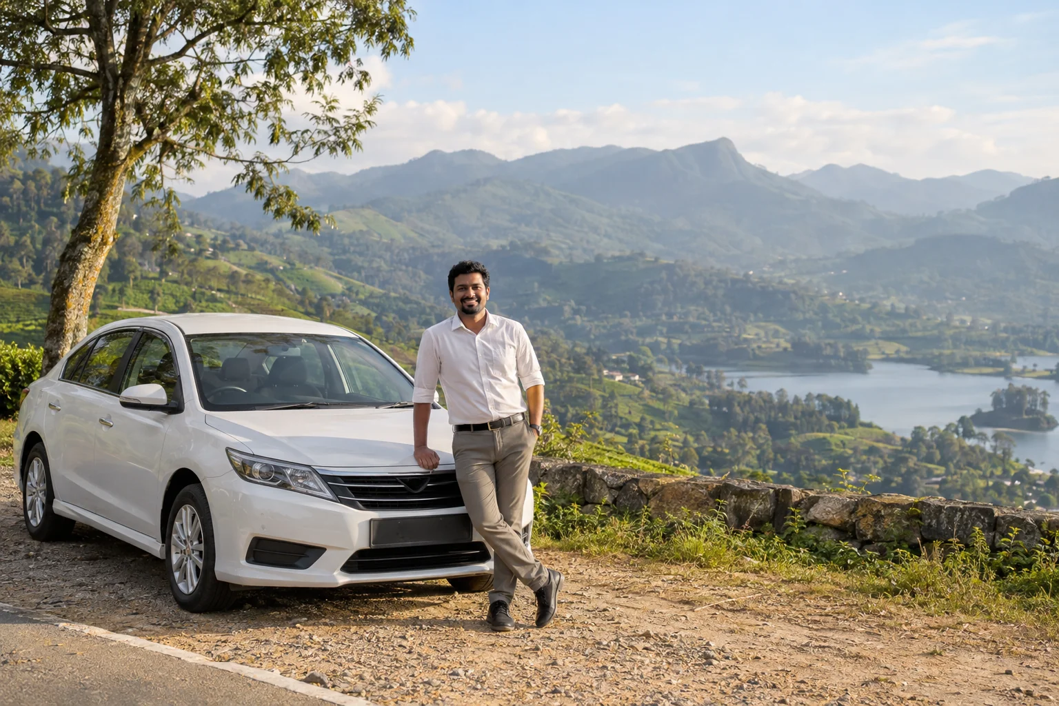 AI-generated illustration of a driver beside a plain white car at a hill-country viewpoint.