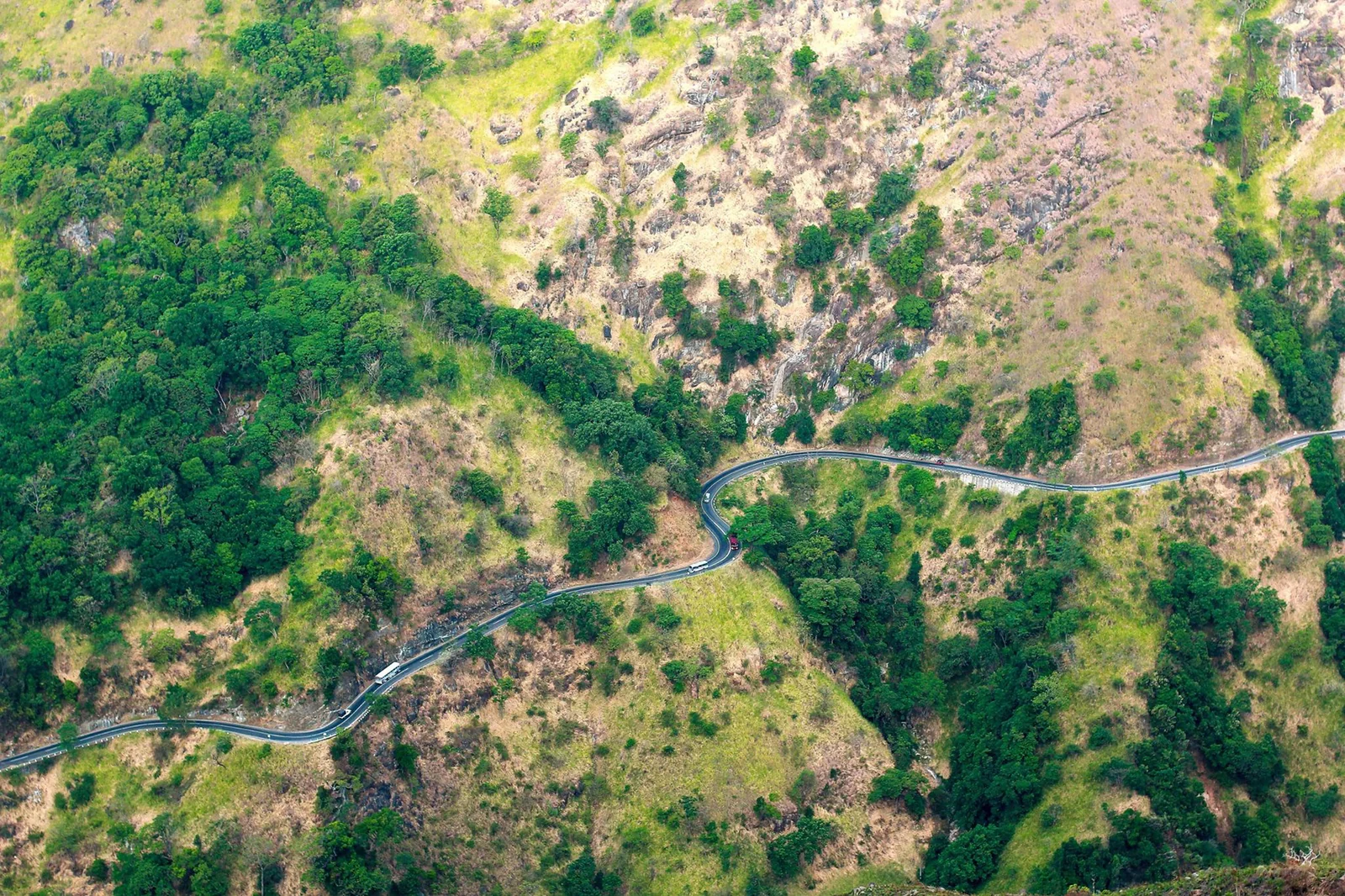 Winding road on a green mountainside near Ella, Sri Lanka.