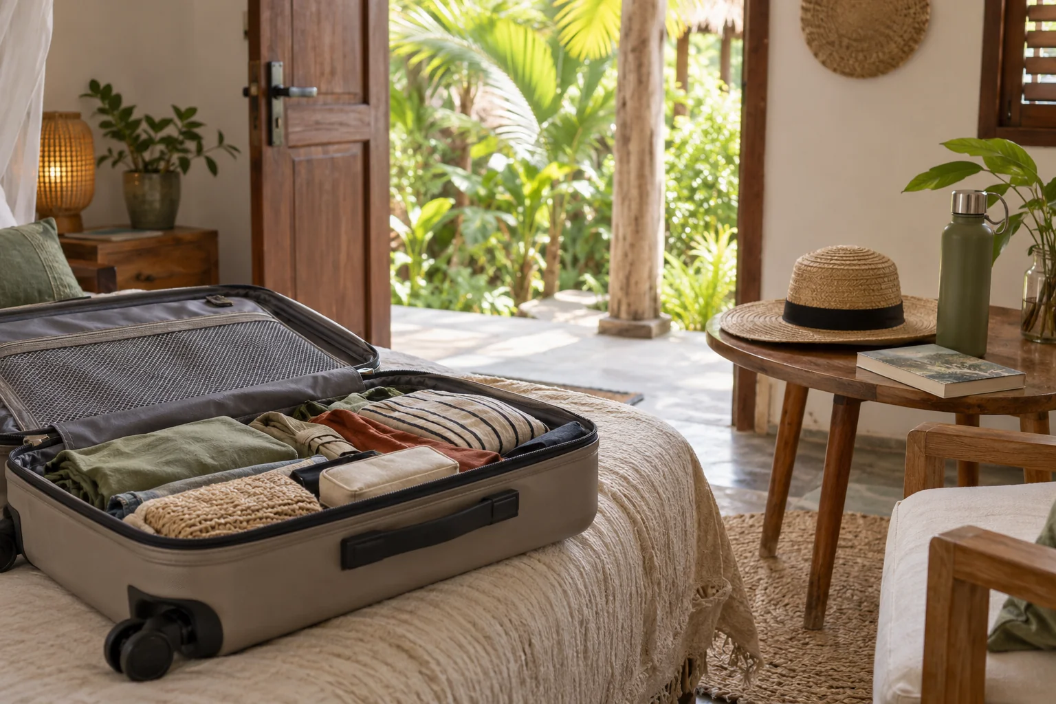 AI-generated illustration of a packed suitcase, sunhat and water bottle in a tropical guesthouse.