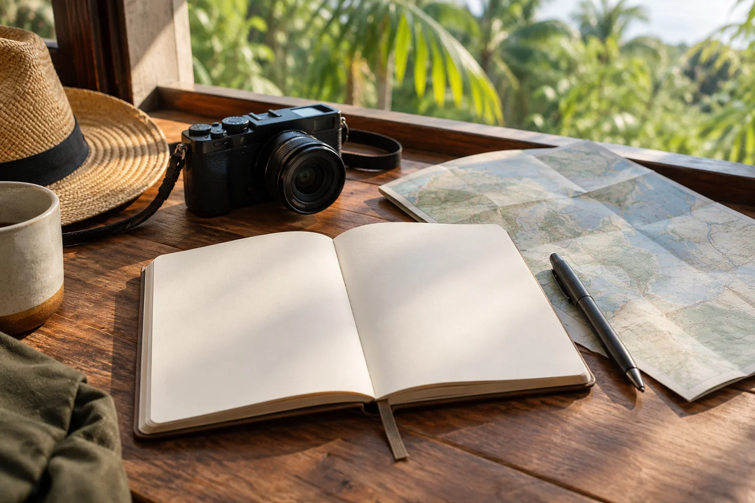 AI-generated illustration of a travel notebook, map and camera beside a tropical window.